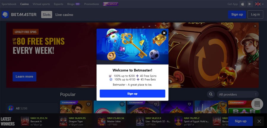 Betmaster Casino home page