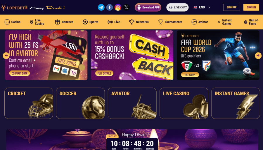 Homepage of Lopebet India Featuring Online Casino and Betting Options